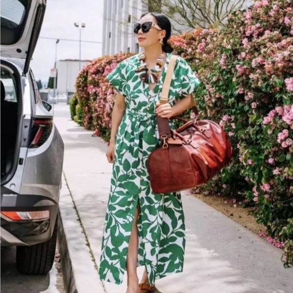 BELTED PRINTED MIDI DRESS GREEN/WHITE . SIZE L - Picture 6 of 13